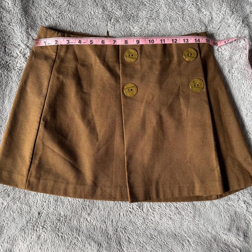 Zara Brown Double Breasted Button Mini Skirt Size Large Camel Pleated Front - Picture 4 of 6